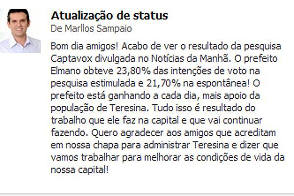 Marllos Sampaio no Facebook(Imagem:Reprodu&ccedil;&atilde;o)