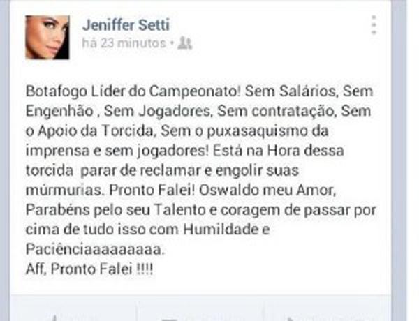 Mulher de Oswaldo critica falta de apoio no Botafogo(Imagem:Reprodução)