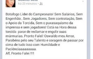 Mulher de Oswaldo critica falta de apoio no Botafogo