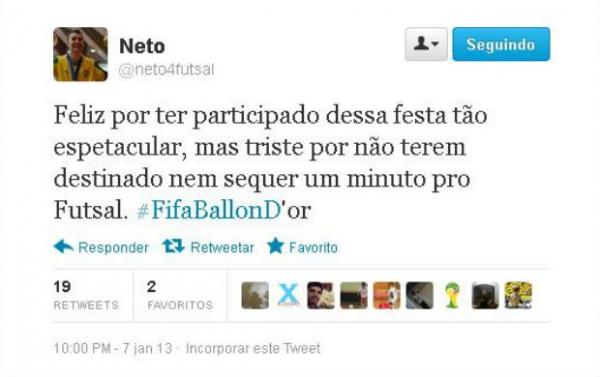Neto demonstrou decep&ccedil;&atilde;o com a falta de espa&ccedil;o do futsal no evento da Fifa (Imagem:Reprodu&ccedil;&atilde;o)