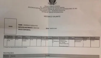 O documento sobre suposto embarque de Pizzolato no aeroporto de Guarulhos .