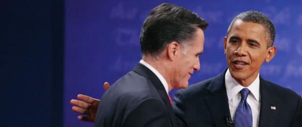 O republicano Mitt Romney e o democrata Barack Obama durante o debate da quarta-feira (3) em Denver, no Colorado ((Imagem:Reprodução)