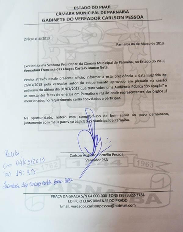 Oficio C&acirc;mara de Parna&iacute;ba(Imagem:Reprodu&ccedil;&atilde;o)