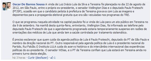 Oscar de Barros em sua p&aacute;gina no Facebook(Imagem:Reprodu&ccedil;&atilde;o)