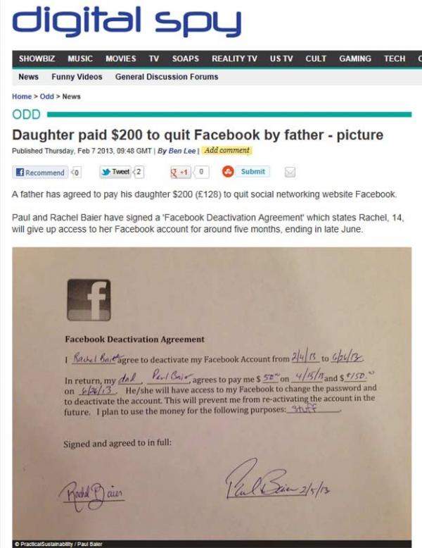 Pai e filha assinam contrato para mantê-la 5 meses longe do Facebook .(Imagem:Reprodução)