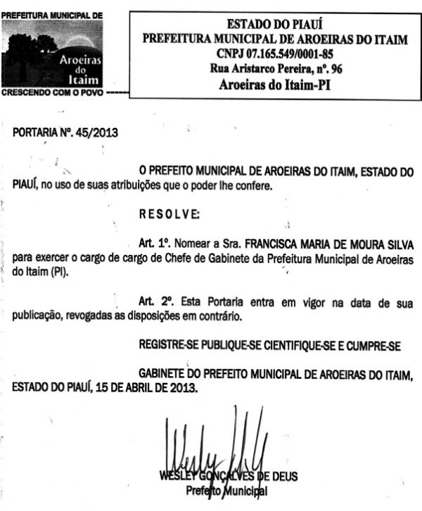 Portaria de nomea&ccedil;&atilde;o da tia do prefeito e esposa do ex-prefeito Gilmar de Deus.(Imagem:Reprodu&ccedil;&atilde;o/Viagora)