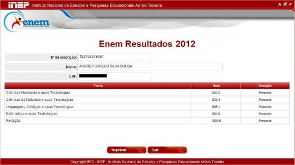 Resultado ENEM 2012.(Imagem:Reprodução)