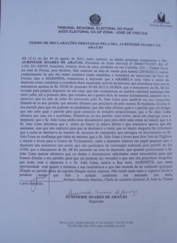 Termo de declarações prestado por Aurineide Soares de Araújo(Imagem:Reprodução)