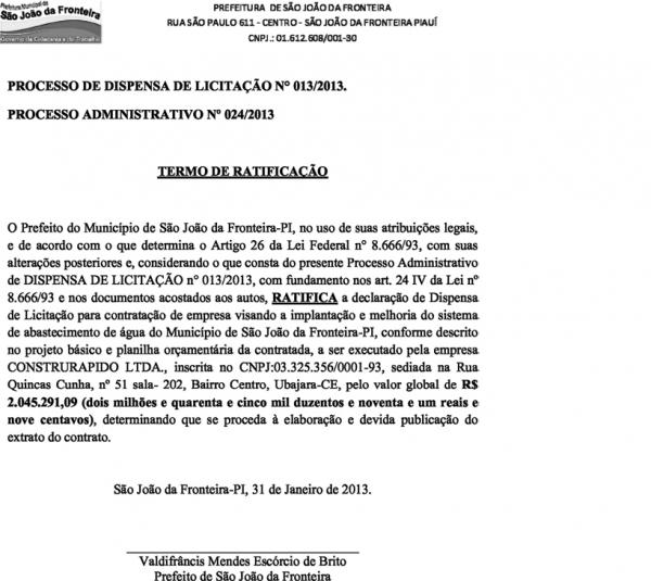 Termo de ratifica&ccedil;&atilde;o atestando a dispensa da licita&ccedil;&atilde;o(Imagem:Reprodu&ccedil;&atilde;o)