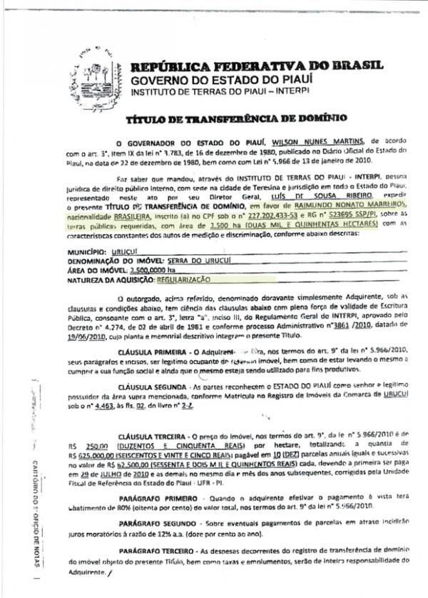 T&iacute;tulo de Transfer&ecirc;ncia de Dom&iacute;nio para Nonato Marreiros(Imagem:Reprodu&ccedil;&atilde;o)