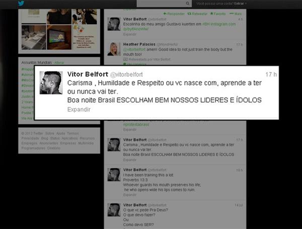 Vitor Belfort publicou em sua conta no Twitter uma mensagem alusiva a Anderson Silva(Imagem:Reprodução)